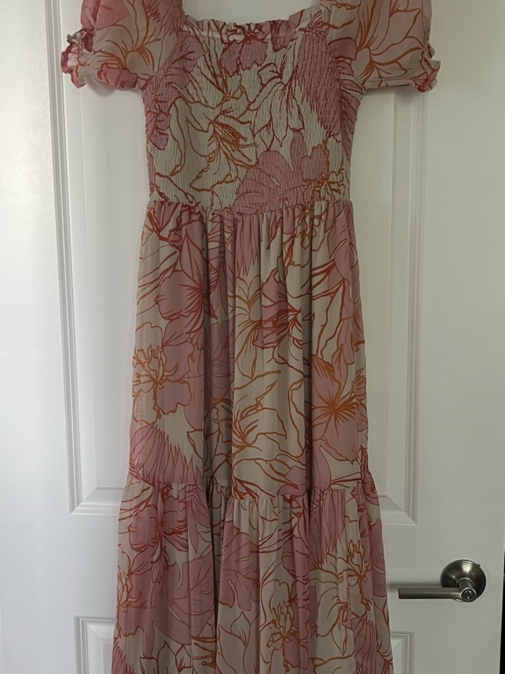 Patrons of Peace Pink and Cream Floral Smocked Maxi Dress